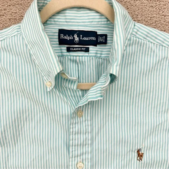 Ralph Lauren Oversized Fit Blue / Green & White Striped Button-Down Oxford Shirt - Picture 4 of 16